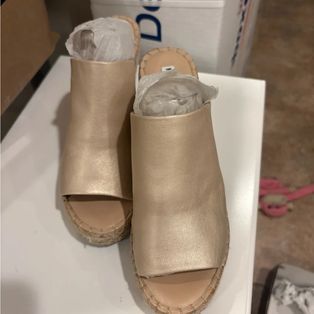 Karl Lagerfeld Metallic Taupe Open-Toe Espadrille Mules